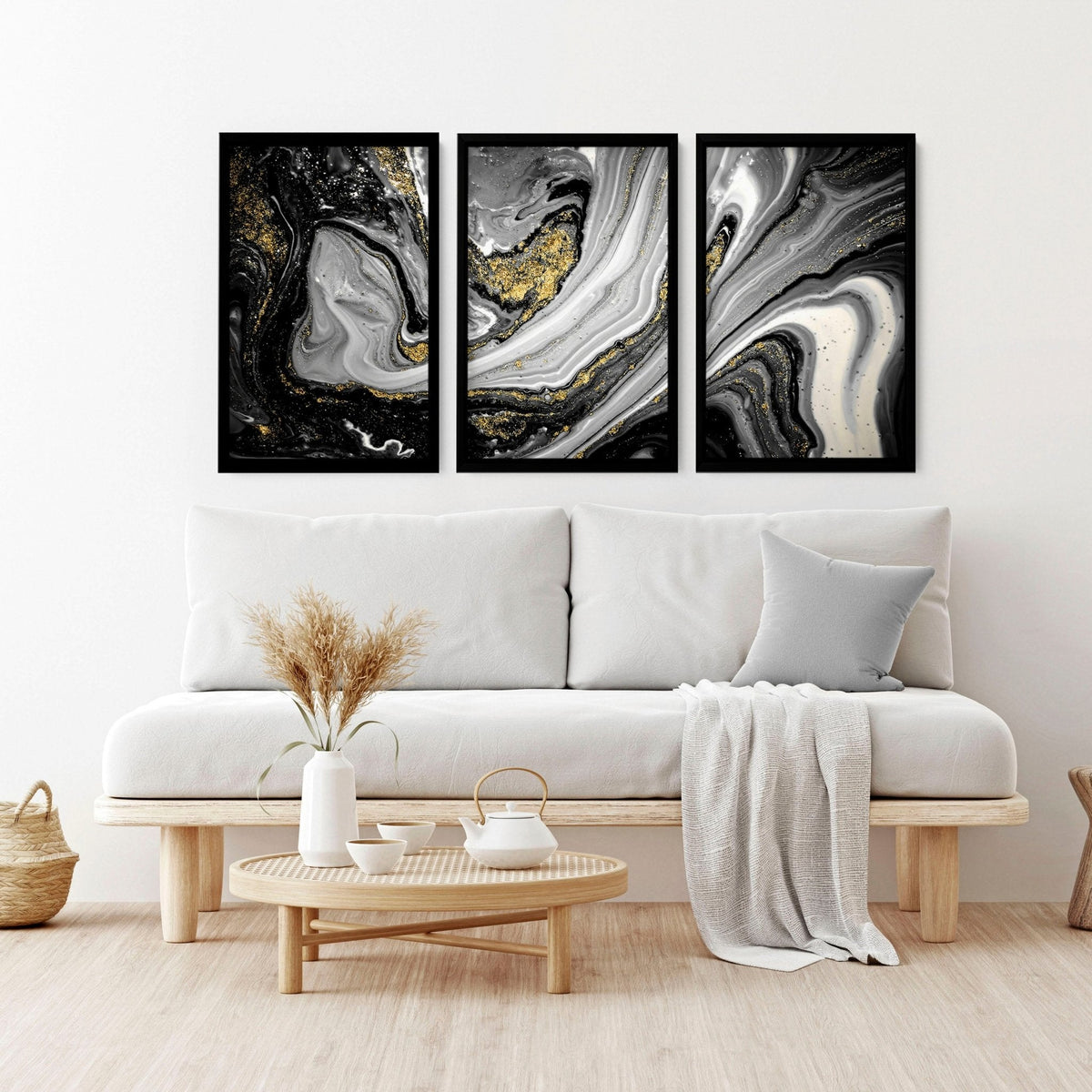 Black & Gold Wall Decor – Set of 3 Abstract Prints