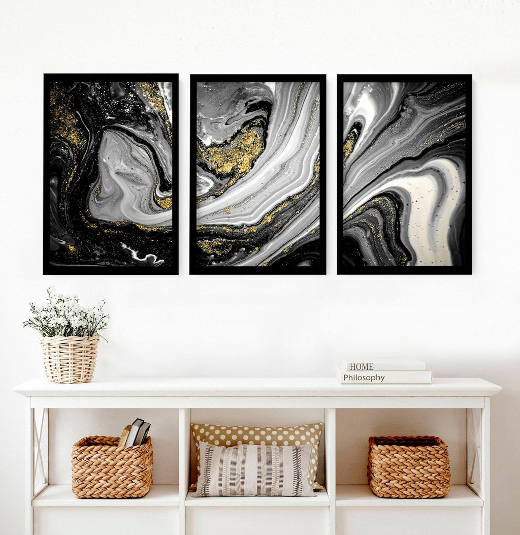 Black & Gold Wall Decor – Set of 3 Abstract Prints