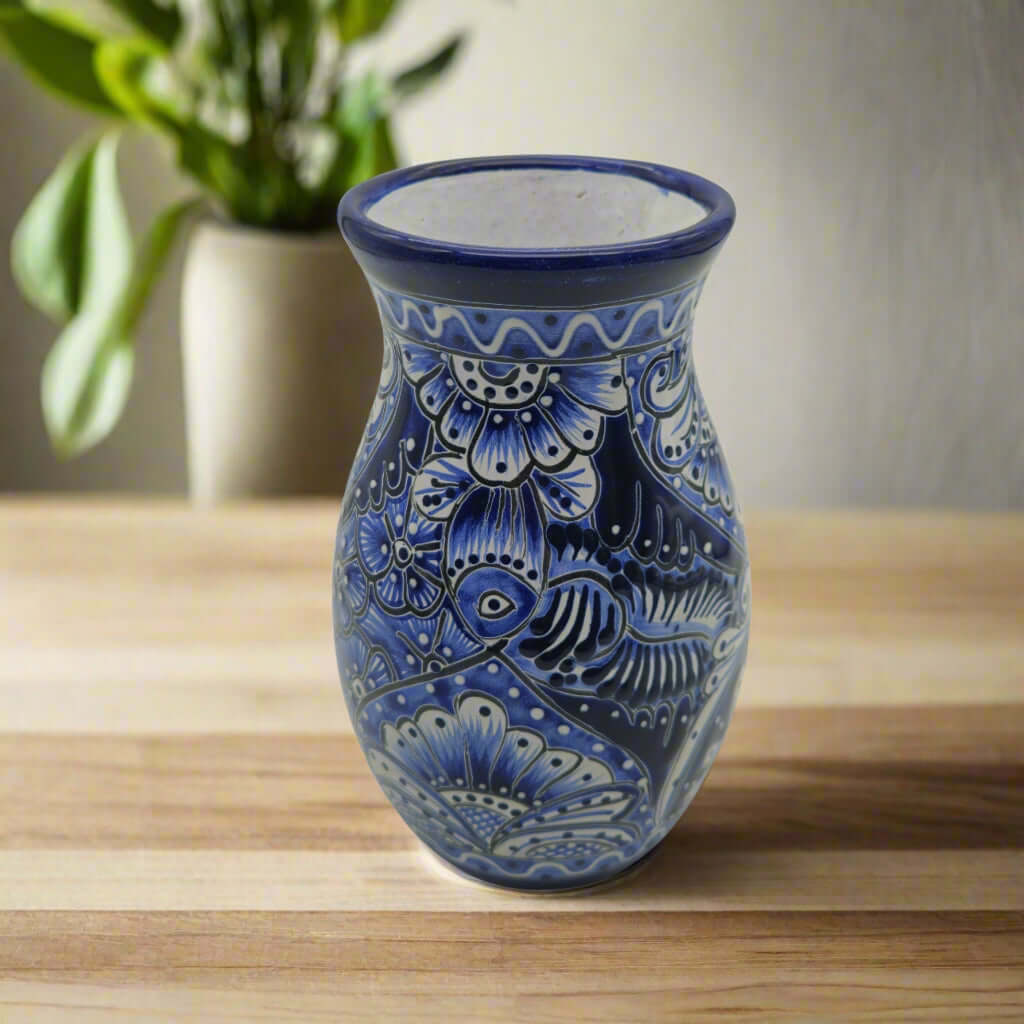 Blue Floral Talavera Vase | Hand – Painted Mexican Pottery