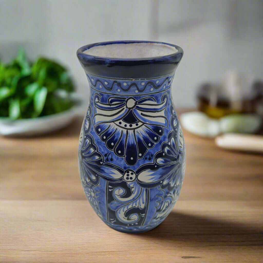Blue Floral Talavera Vase | Hand – Painted Mexican Pottery