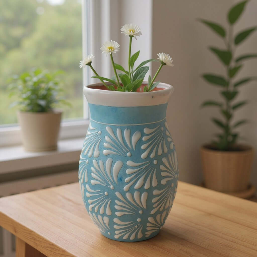 Blue Talavera Vase | Hand – Painted Mexican Pottery