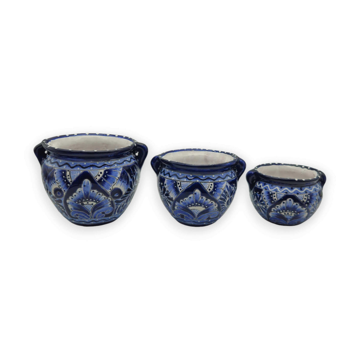 Blue & White Talavera Planter Trio | Hand – Painted Pot Set