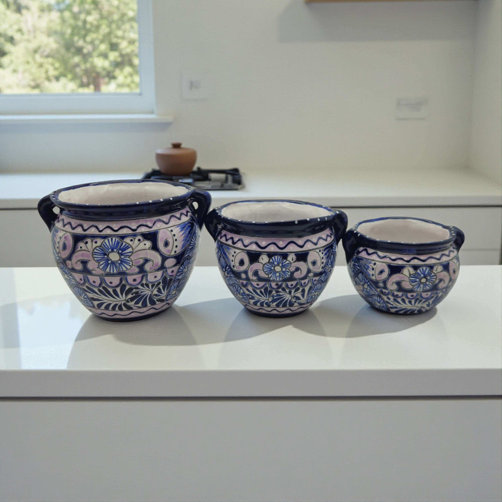 Blue & White Talavera Planter Trio | Hand – Painted Pot Set