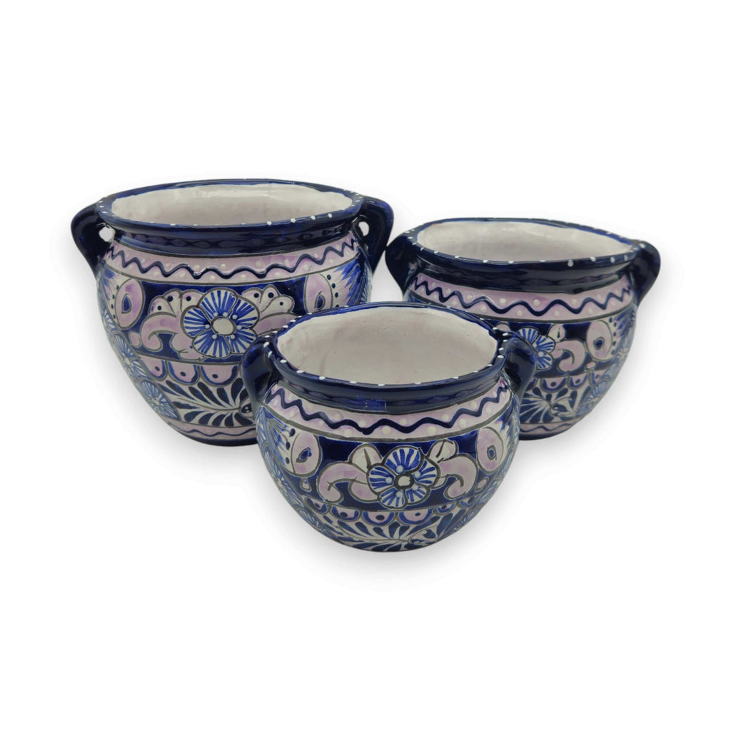 Blue & White Talavera Planter Trio | Hand – Painted Pot Set