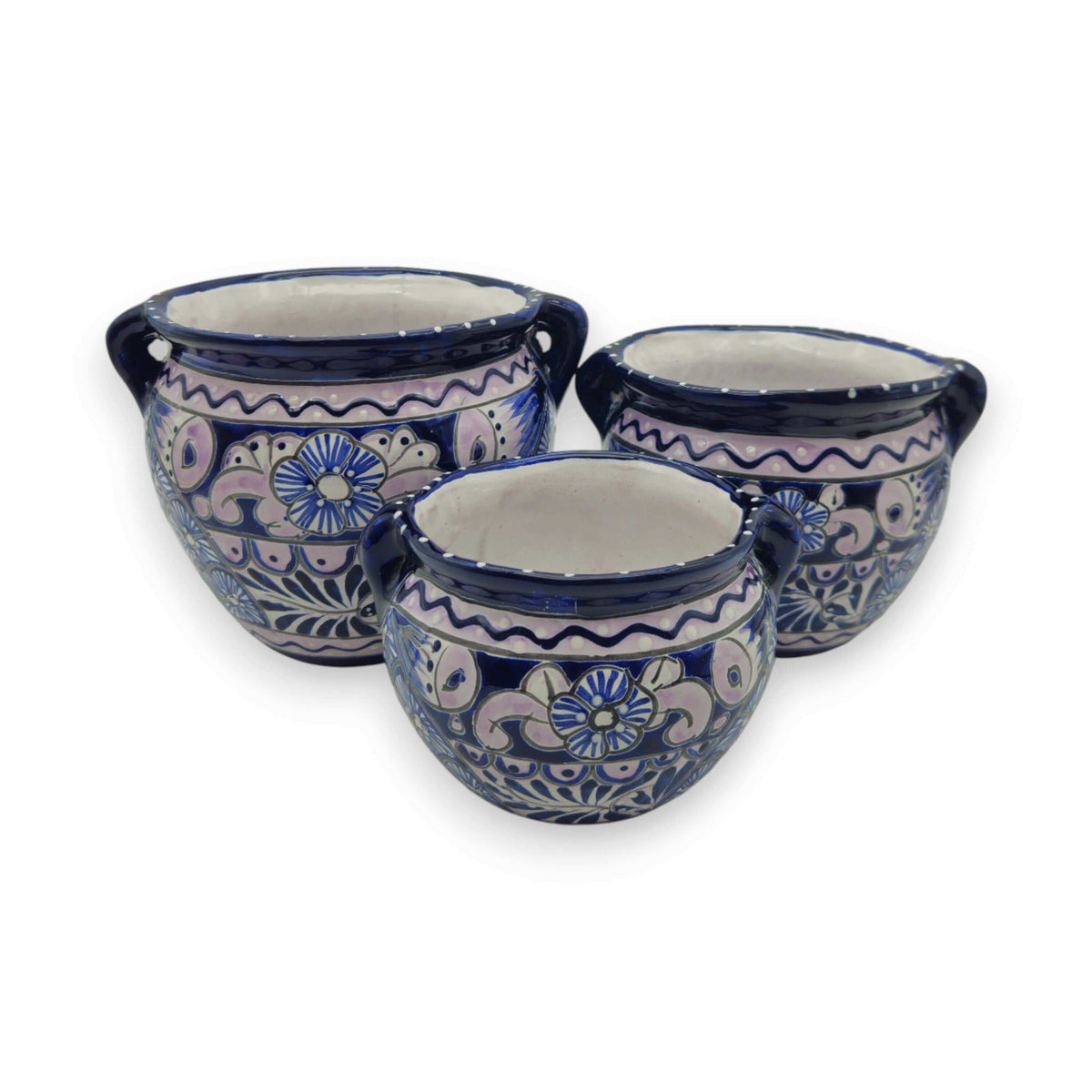 Blue & White Talavera Planter Trio | Hand – Painted Pot Set