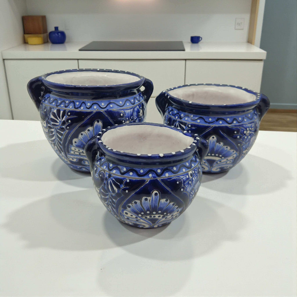 Blue & White Talavera Planter Trio | Hand – Painted Pot Set