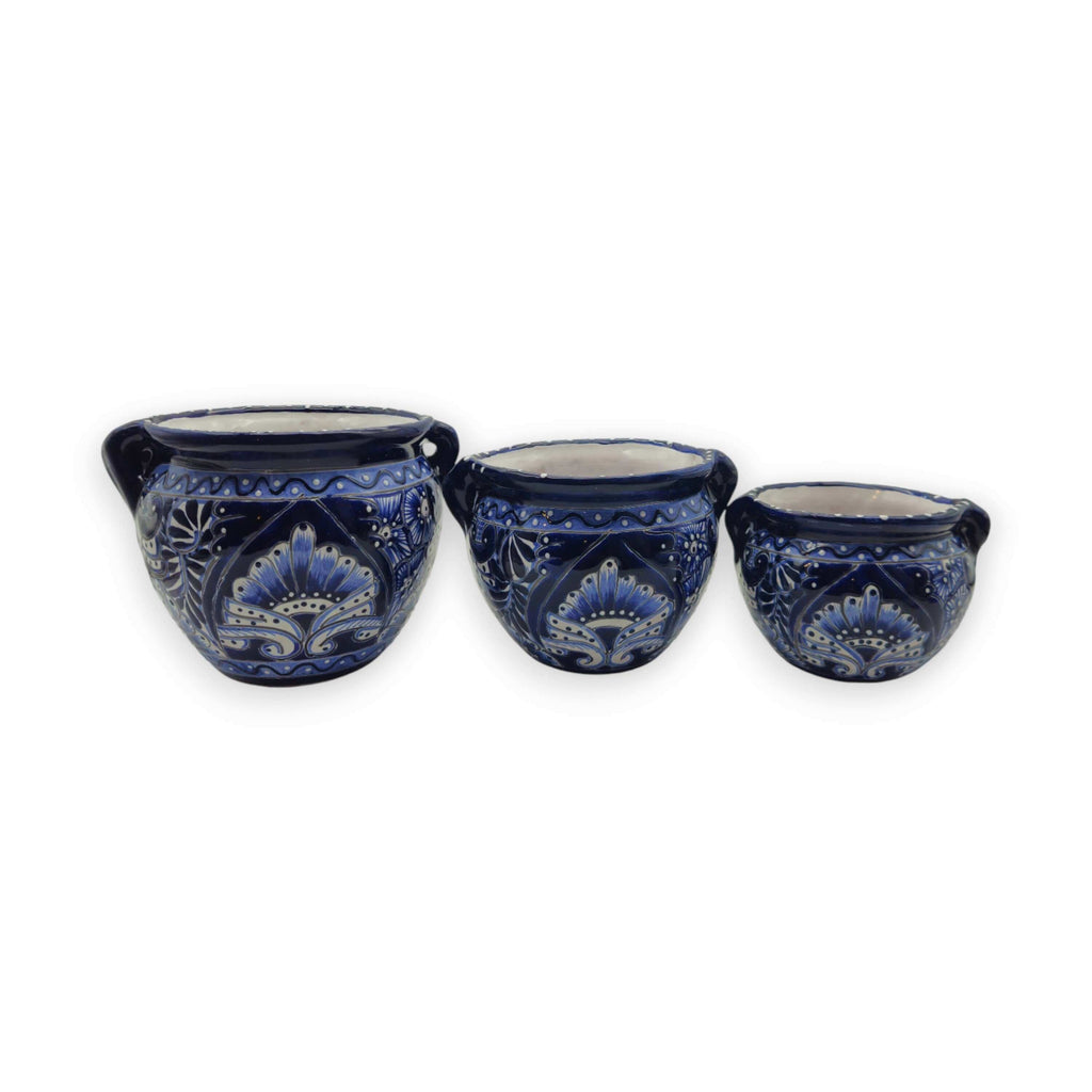 Blue & White Talavera Planter Trio | Hand – Painted Pot Set