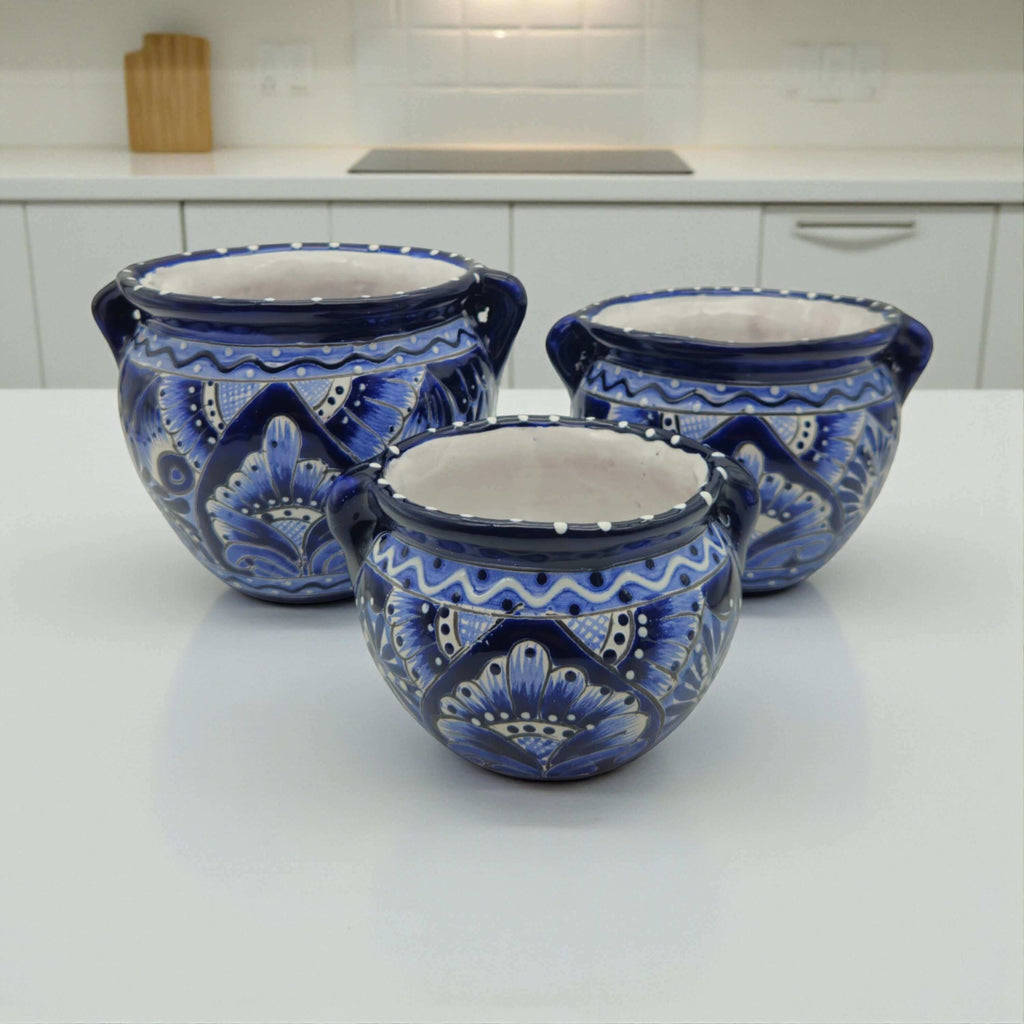 Blue & White Talavera Planter Trio | Hand – Painted Pot Set
