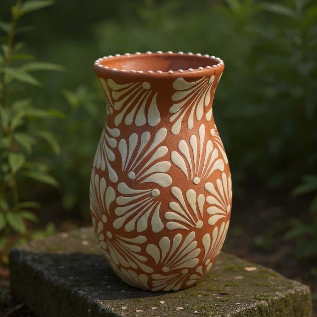 Brown & White Talavera Relief Vase | Hand – Painted Pottery