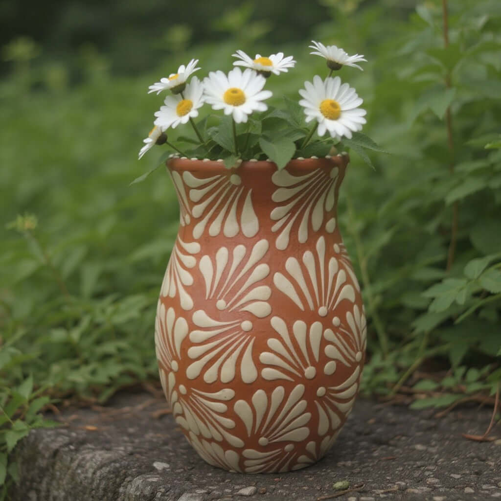 Brown & White Talavera Relief Vase | Hand – Painted Pottery