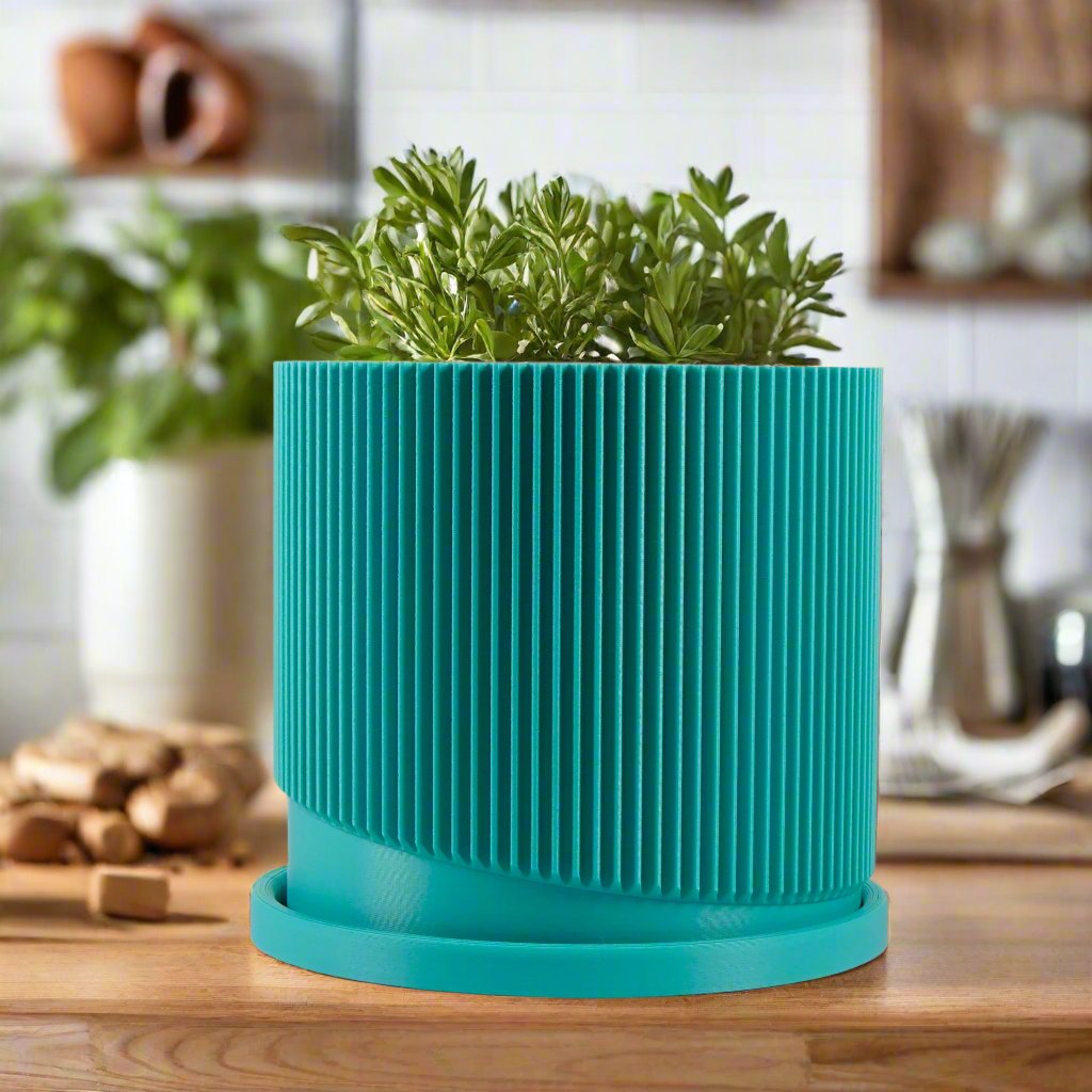 Mid – Century Ribbed Planter with Drainage and Saucer in Multiple Colors, 3D Printed Planter with Unique Modern Design,