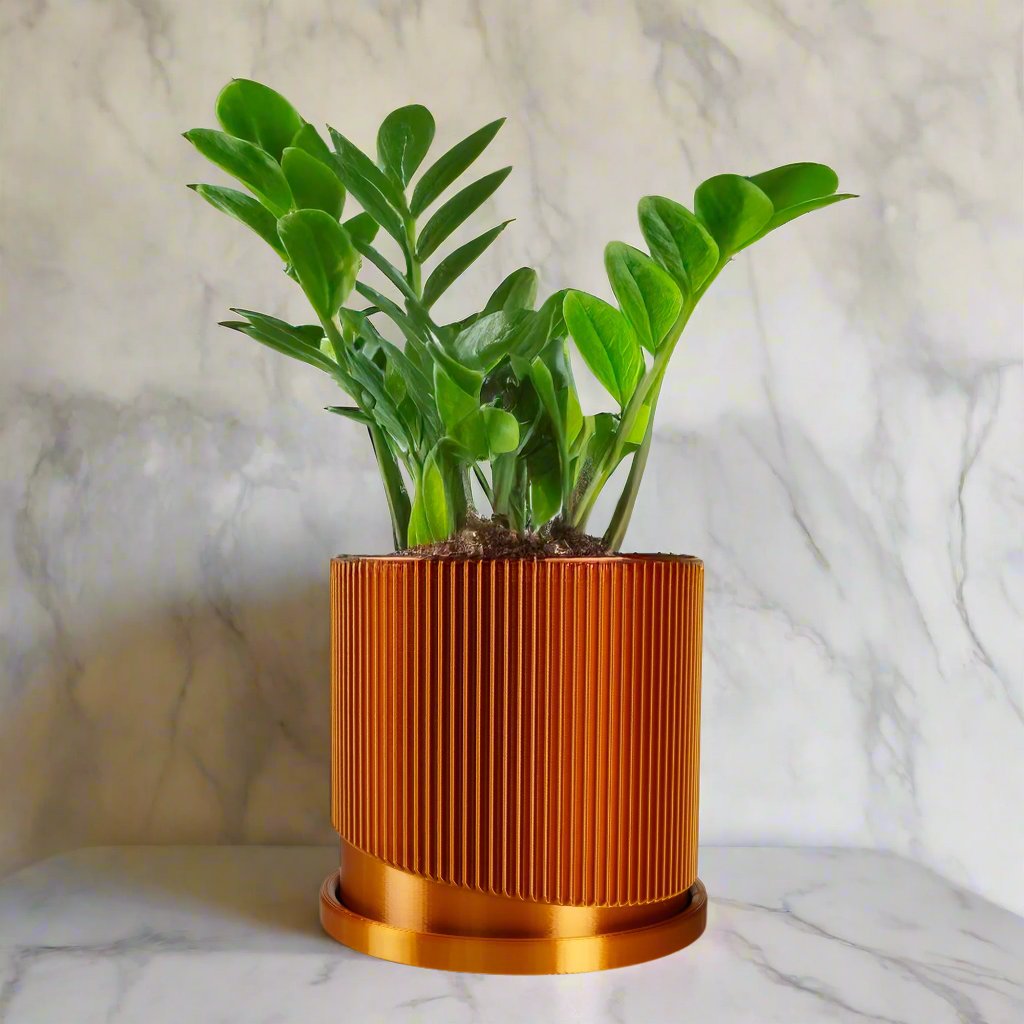 Mid – Century Ribbed Planter with Drainage and Saucer in Multiple Colors, 3D Printed Planter with Unique Modern Design,