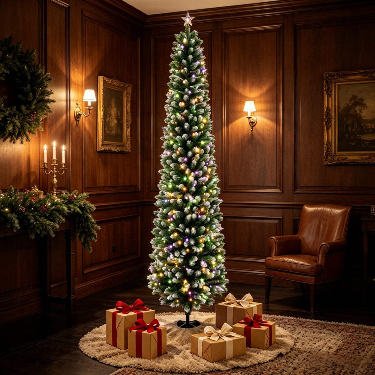 8ft Flocked Pencil Prelit Christmas Tree, Dual – Color