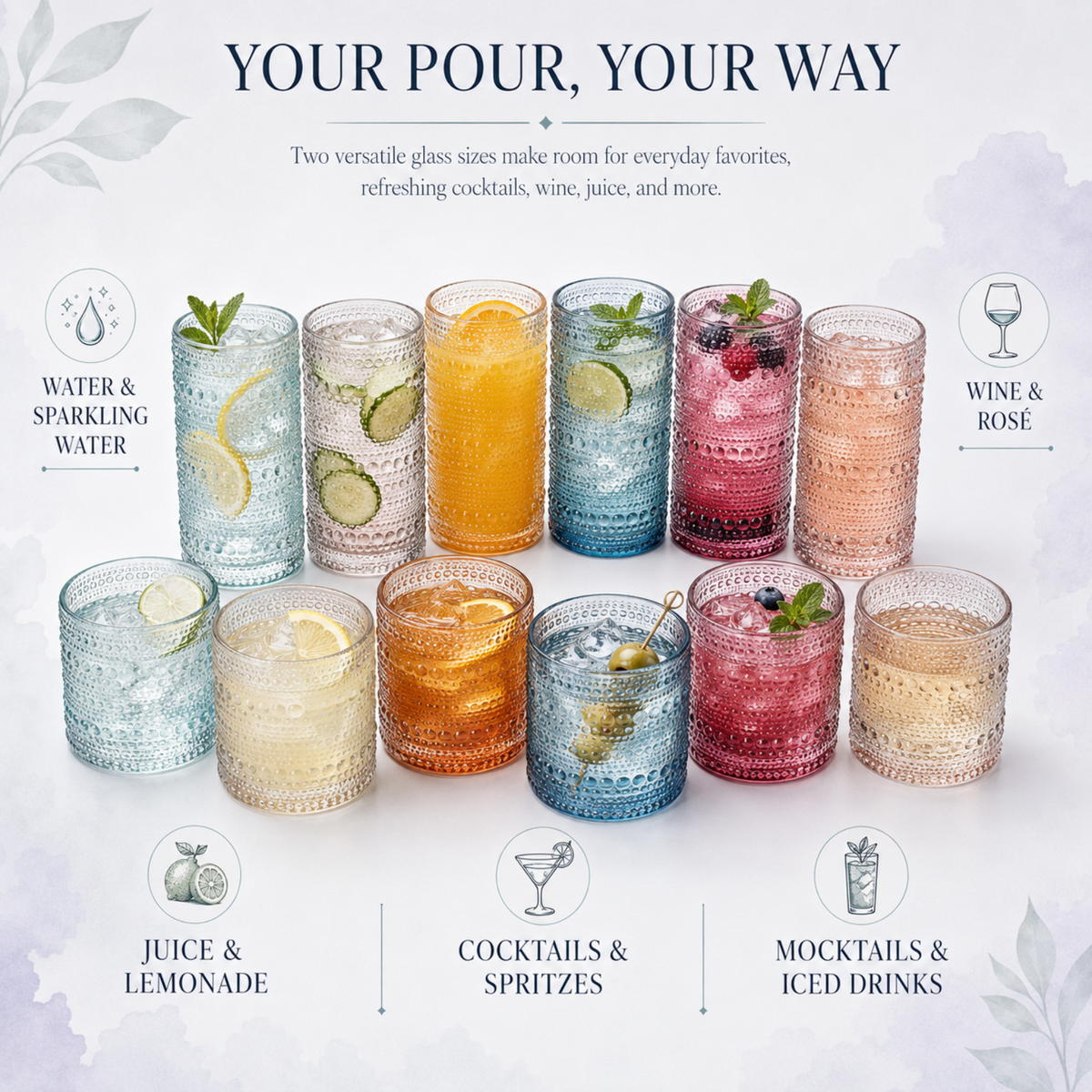 Tonal Hobnail Highball & Lowball Glassware, Set of 12