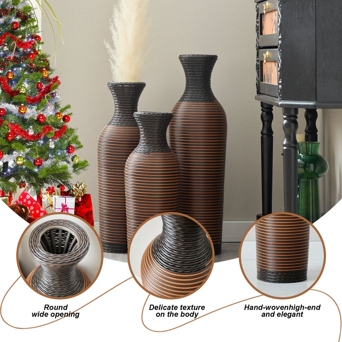 Hand – Woven PVC Rattan Vases, Set of 3