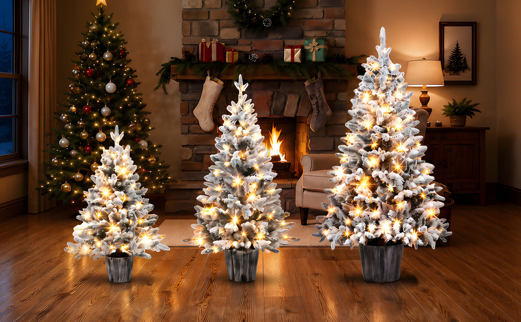 3 – Piece Flocked Pre – Lit Christmas Tree Set