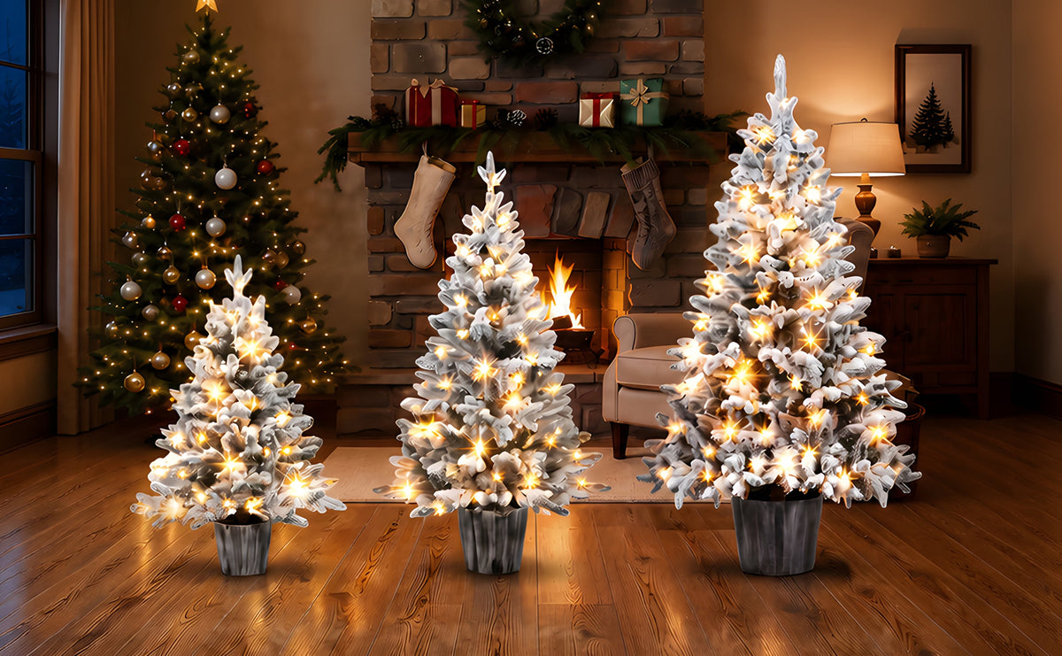 3 – Piece Flocked Pre – Lit Christmas Tree Set
