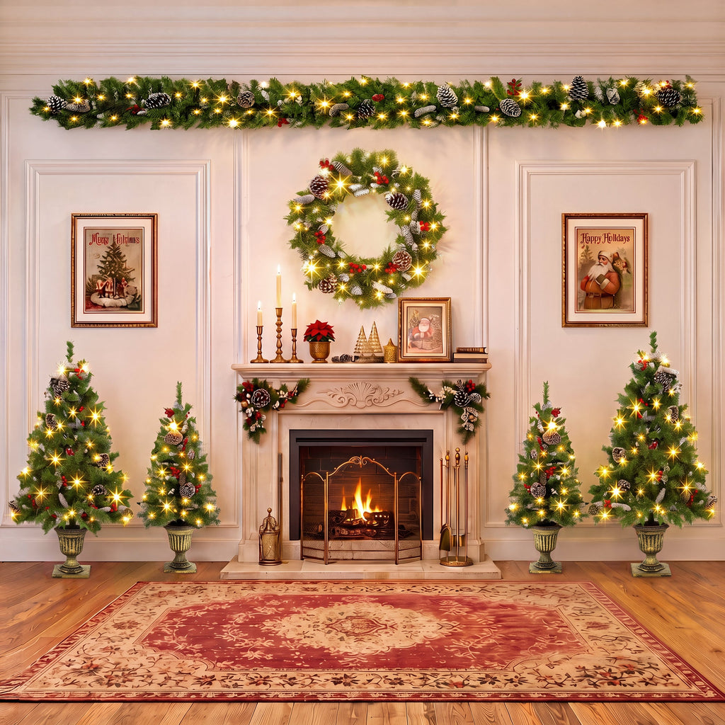 6 – Piece Christmas Tree Set – 4 Trees, Wreath, and Garland