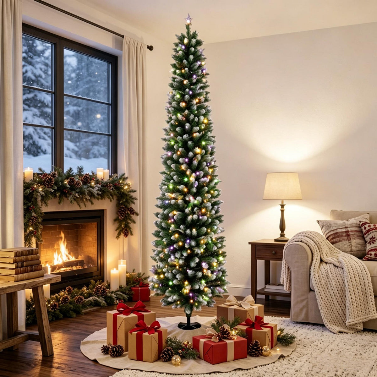 8ft Flocked Pencil Prelit Christmas Tree, Dual – Color