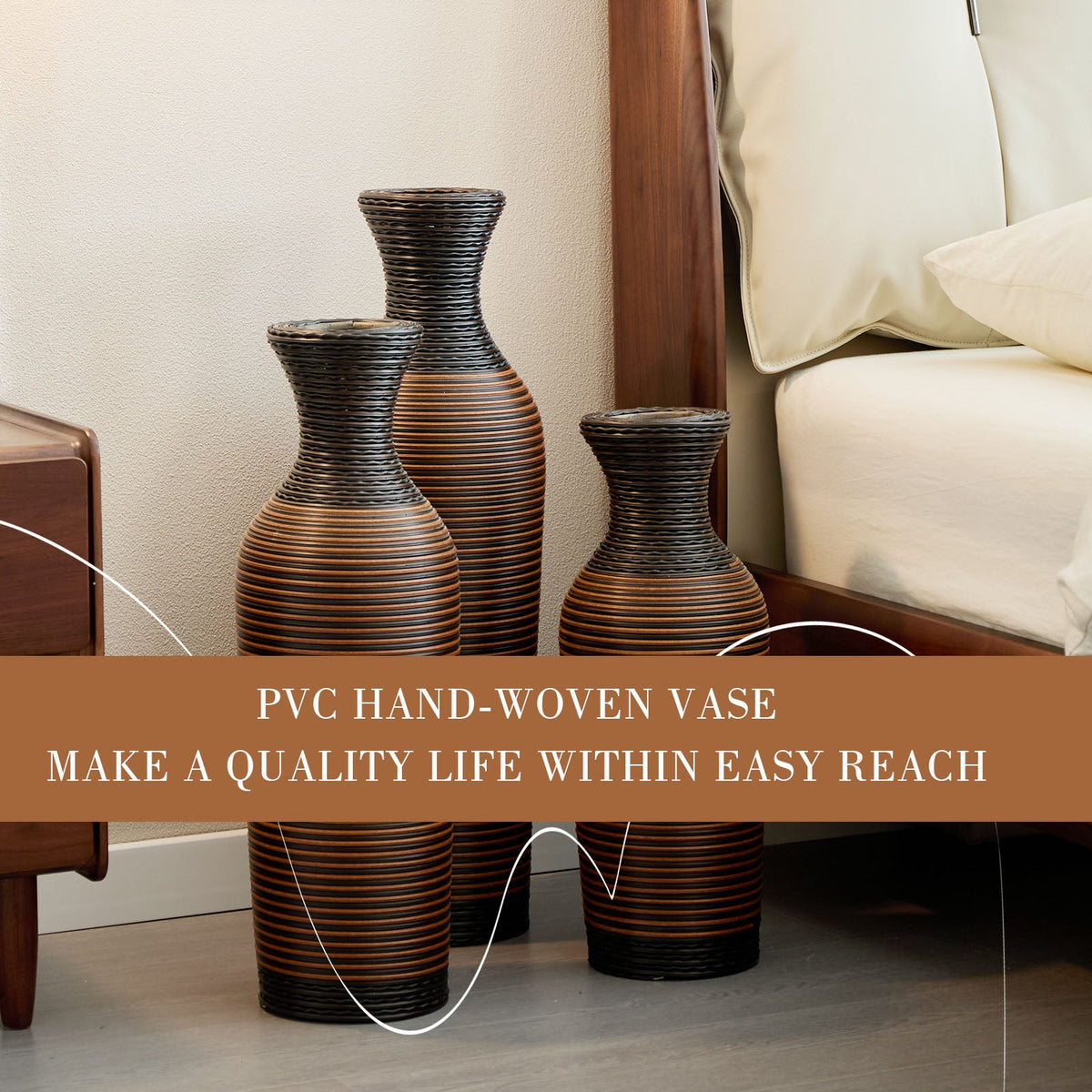 Hand – Woven PVC Rattan Vases, Set of 3