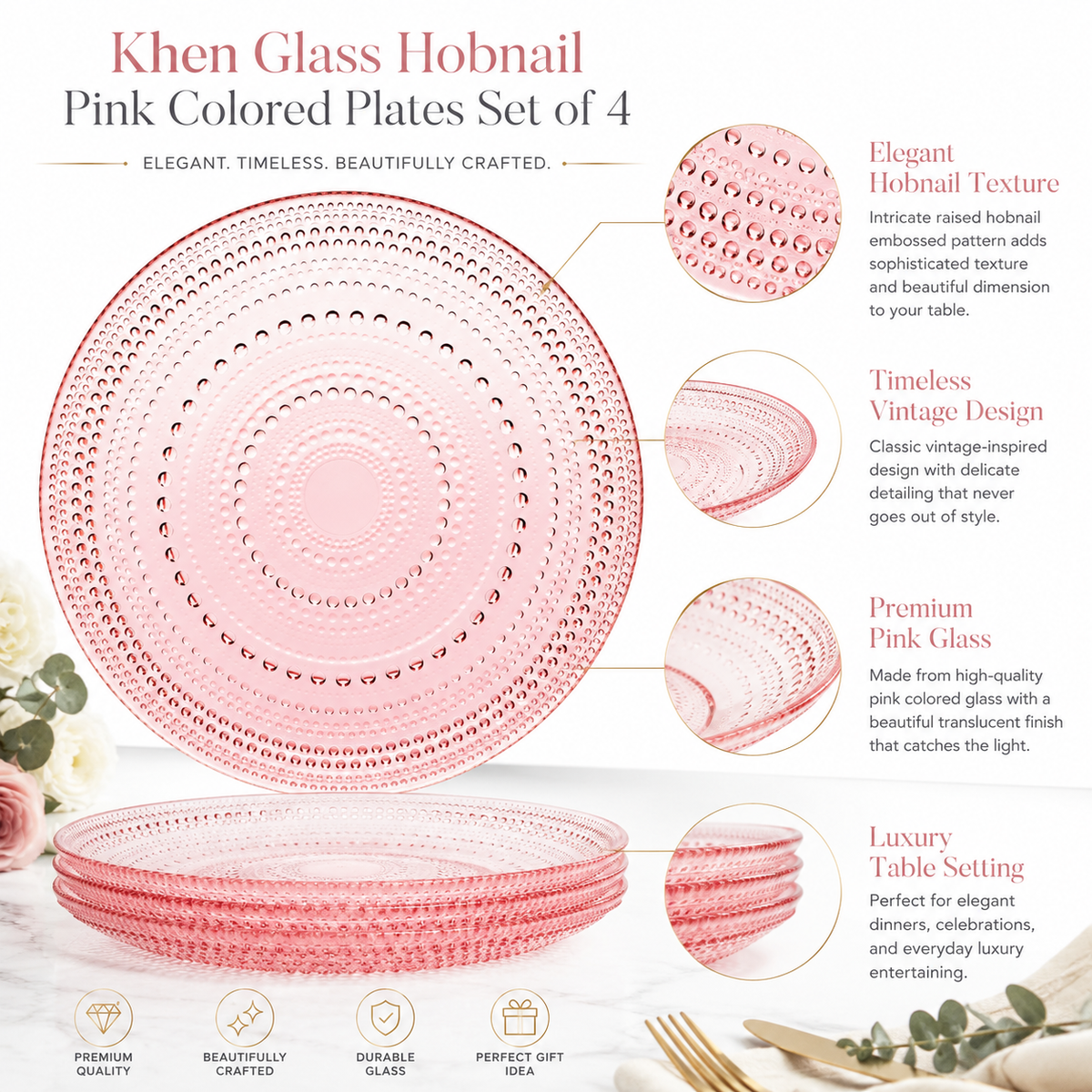 Blush Pink Hobnail Glass Dinner Plates, Set of 4, 10.6 – Inch