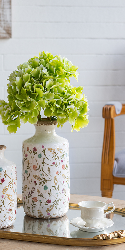 D5.3x10.6" Ceramic Cylinder Vase with Multi – Colored Floral Motifs