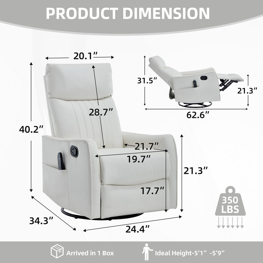 White Heat Massage Manual Recliner Chair with Rocker and Swivel