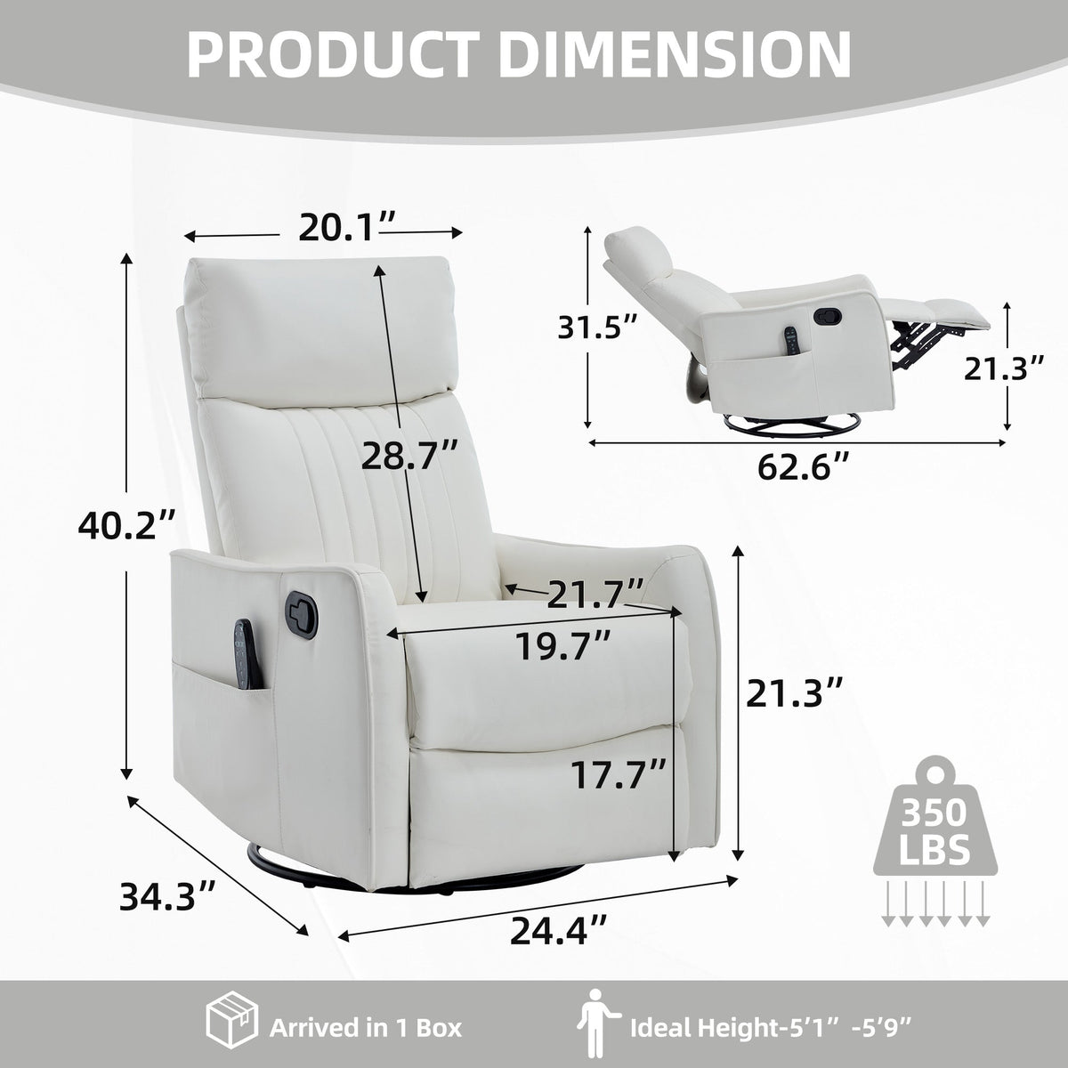 White Heat Massage Manual Recliner Chair with Rocker and Swivel