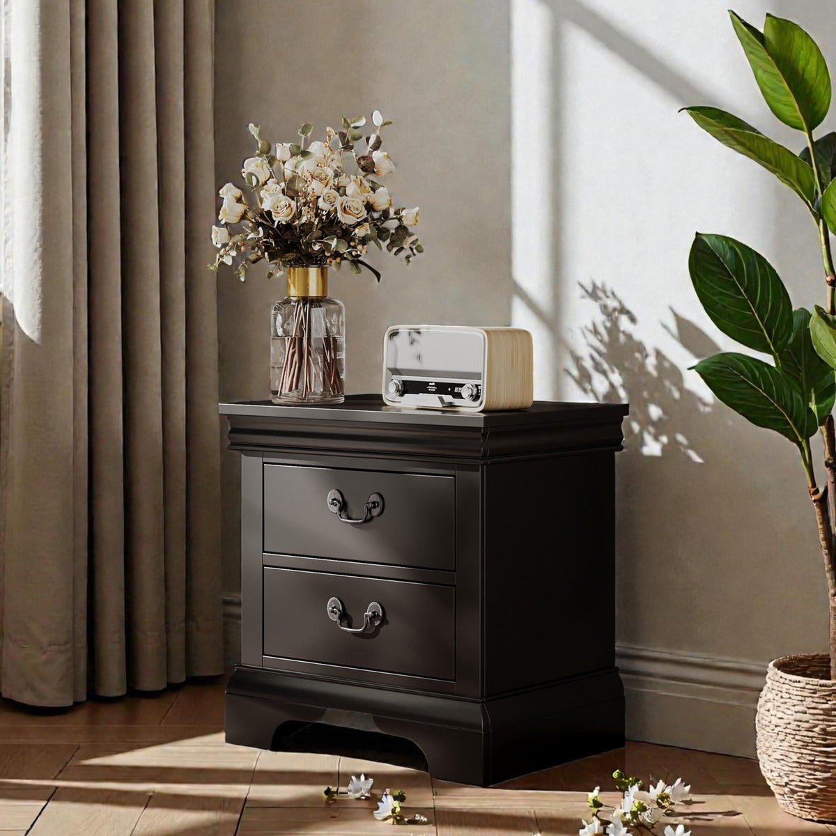 Classic Wooden Nightstand – Black
