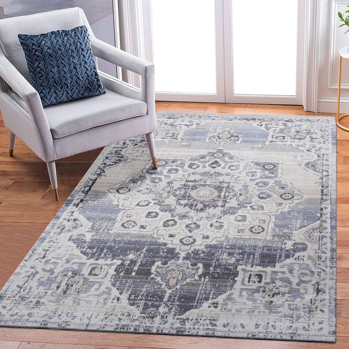 Naar Payas Collection Cream/Blue Medallion Area Rug