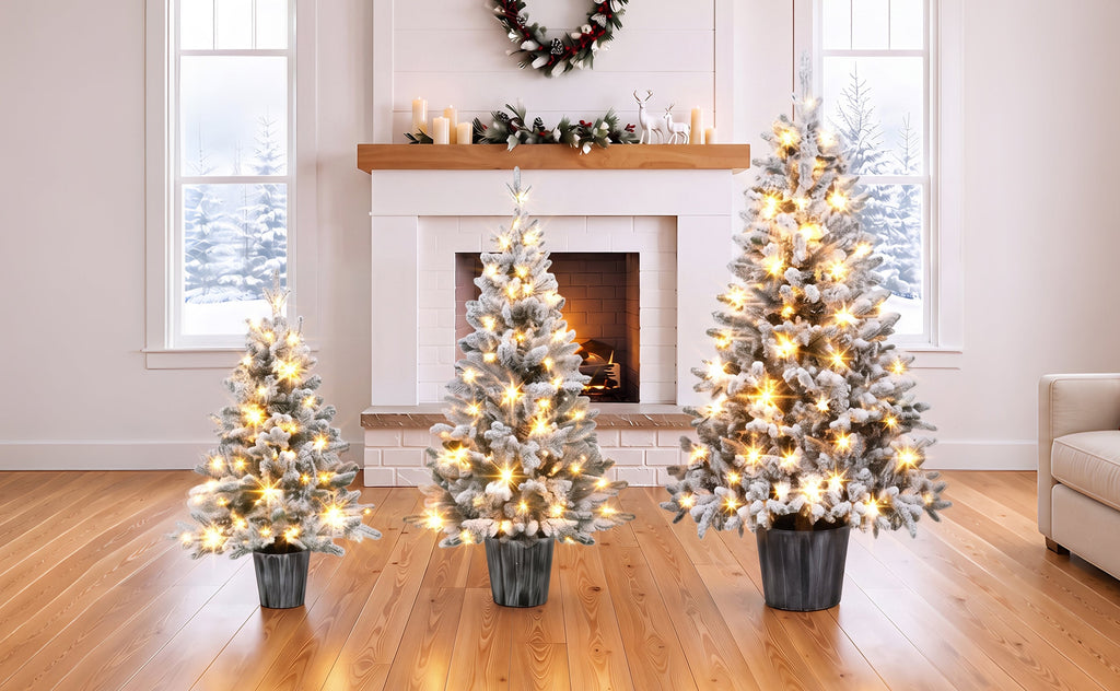 3 – Piece Flocked Pre – Lit Christmas Tree Set