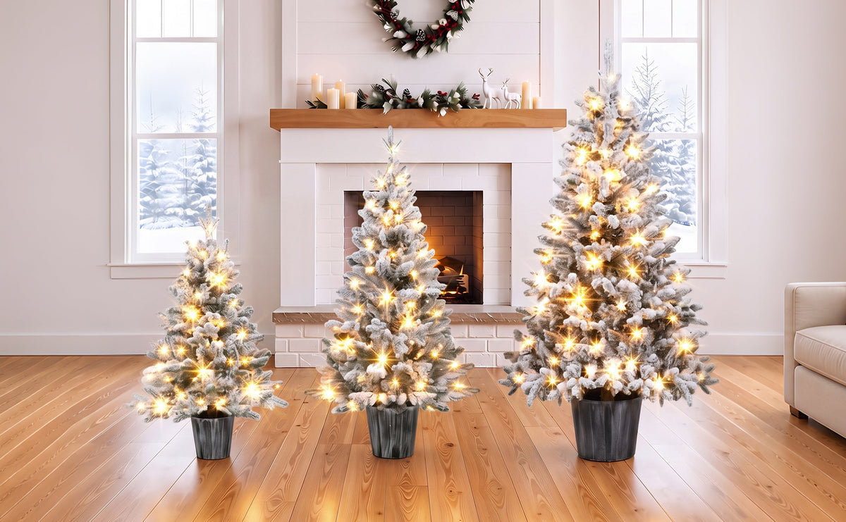 3 – Piece Flocked Pre – Lit Christmas Tree Set