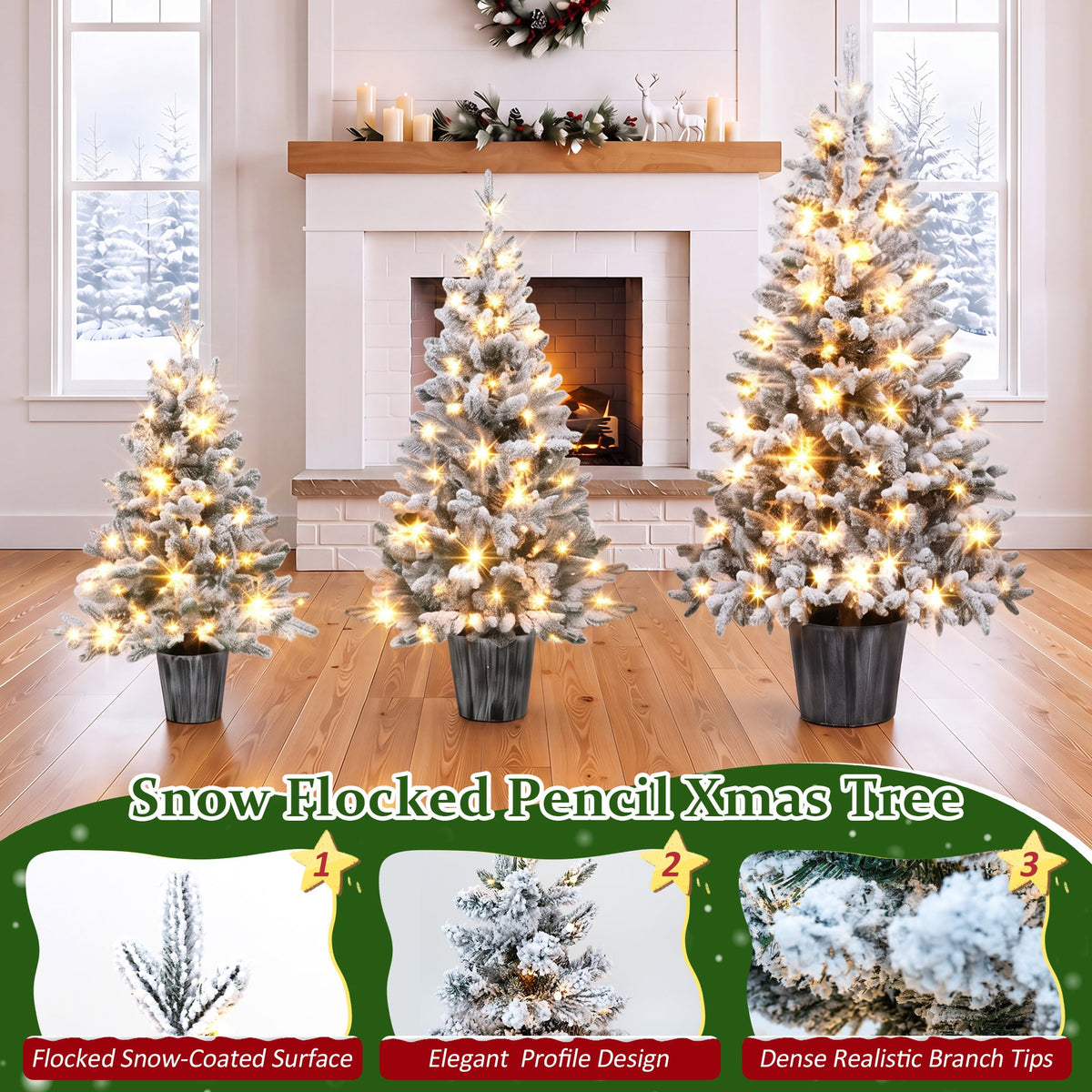3 – Piece Flocked Pre – Lit Christmas Tree Set