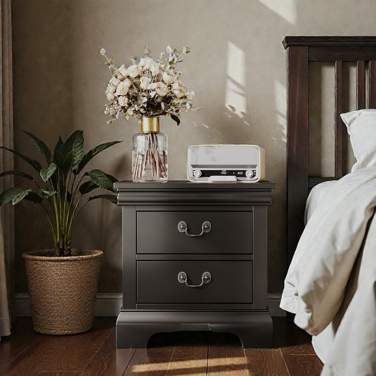 Classic Wooden Nightstand – Black