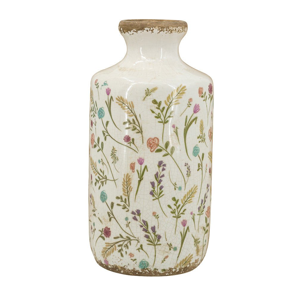 D5.3x10.6" Ceramic Cylinder Vase with Multi – Colored Floral Motifs