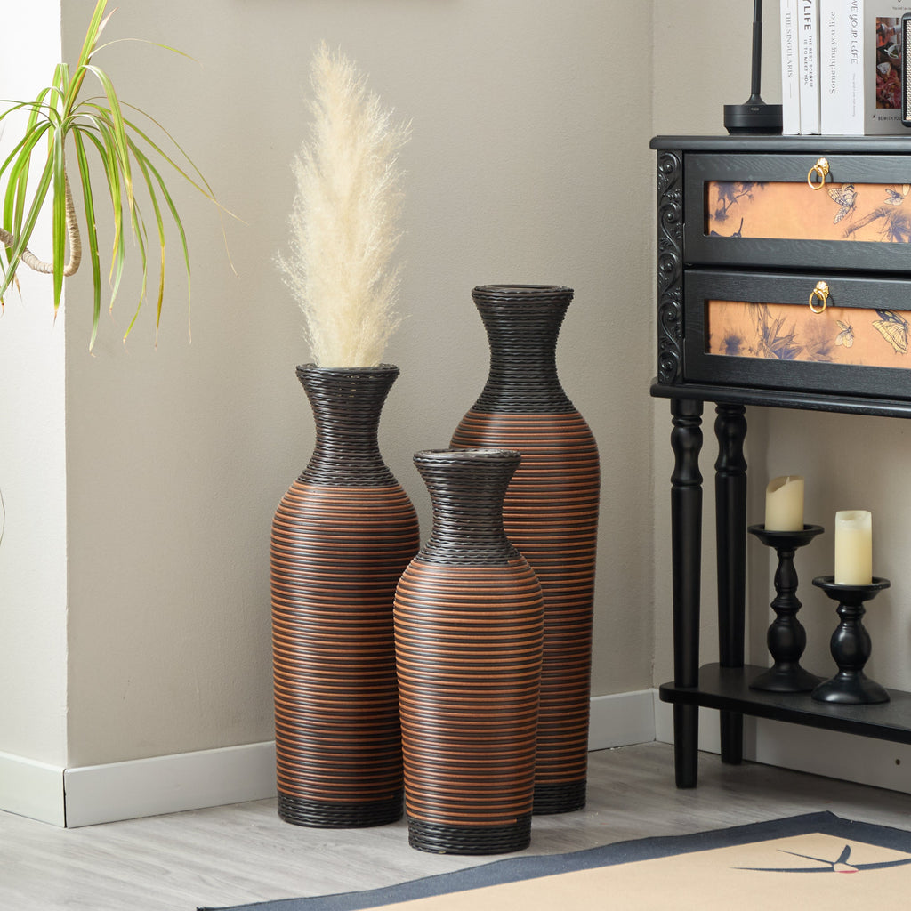 Hand – Woven PVC Rattan Vases, Set of 3