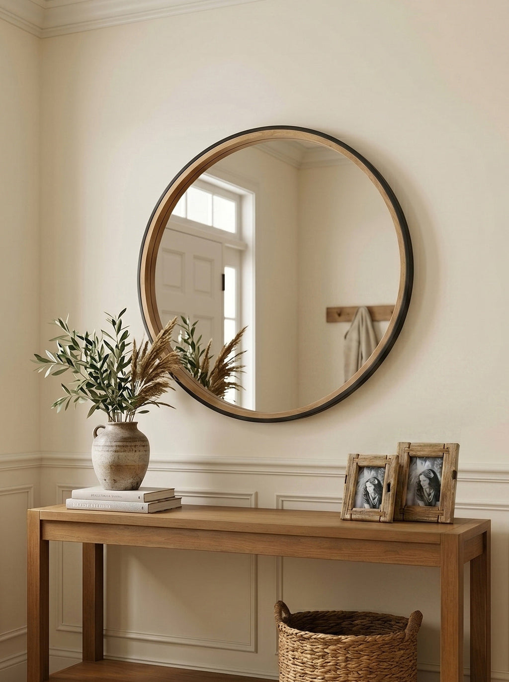 Two – Tone Black & Natural Wood Round Wall Mirror, 31.3 in