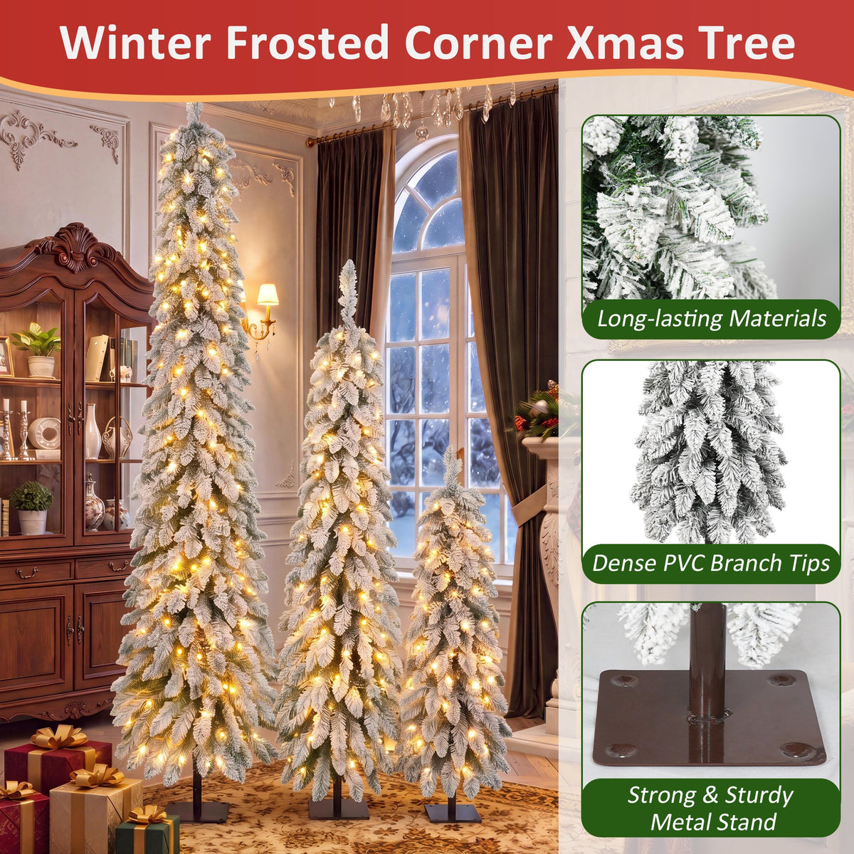 Snow Flocked Pre – Lit Pencil Christmas Tree