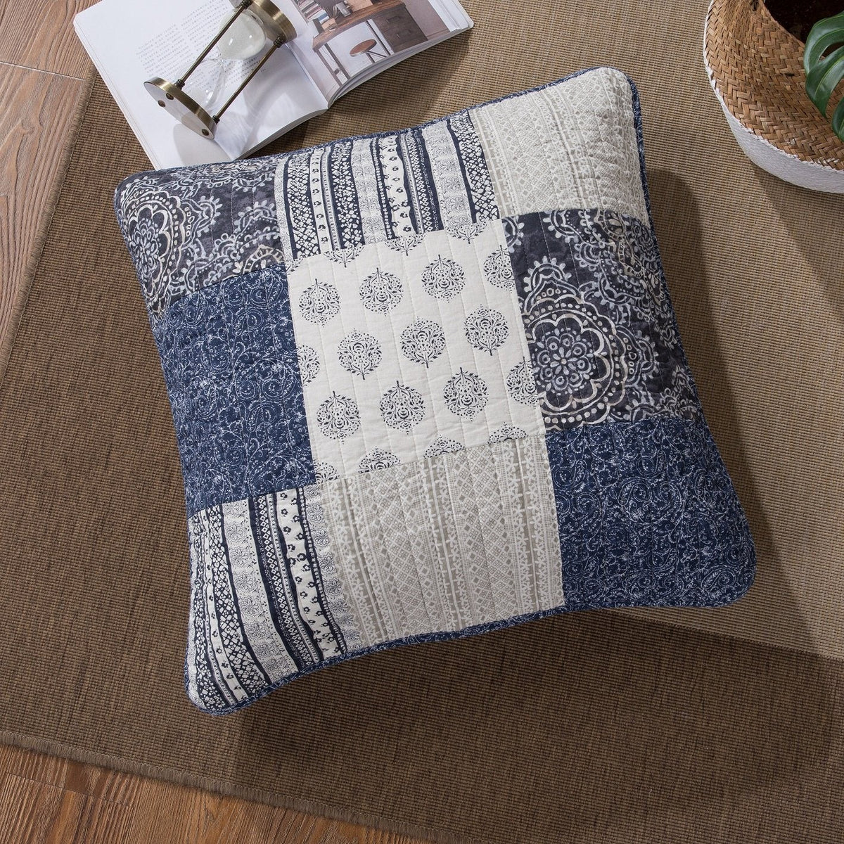 DaDa Bedding Patchwork Denim Blue Elegance Bohemian Euro Sham – 26” x 26" – 1PC (JHW660)