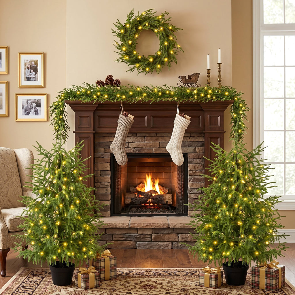 4 – Piece Christmas Tree Set – 2 Trees, Wreath, and Garland