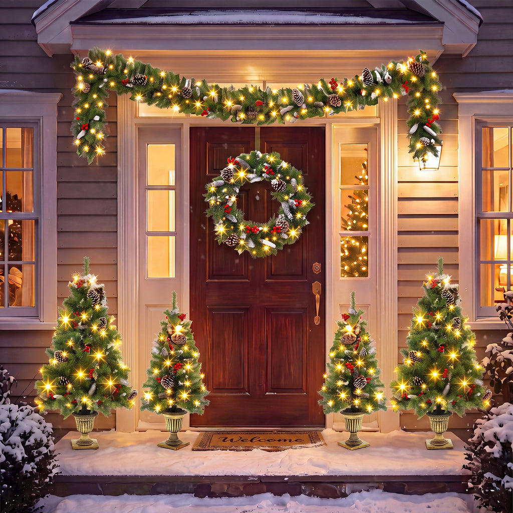 6 – Piece Christmas Tree Set – 4 Trees, Wreath, and Garland