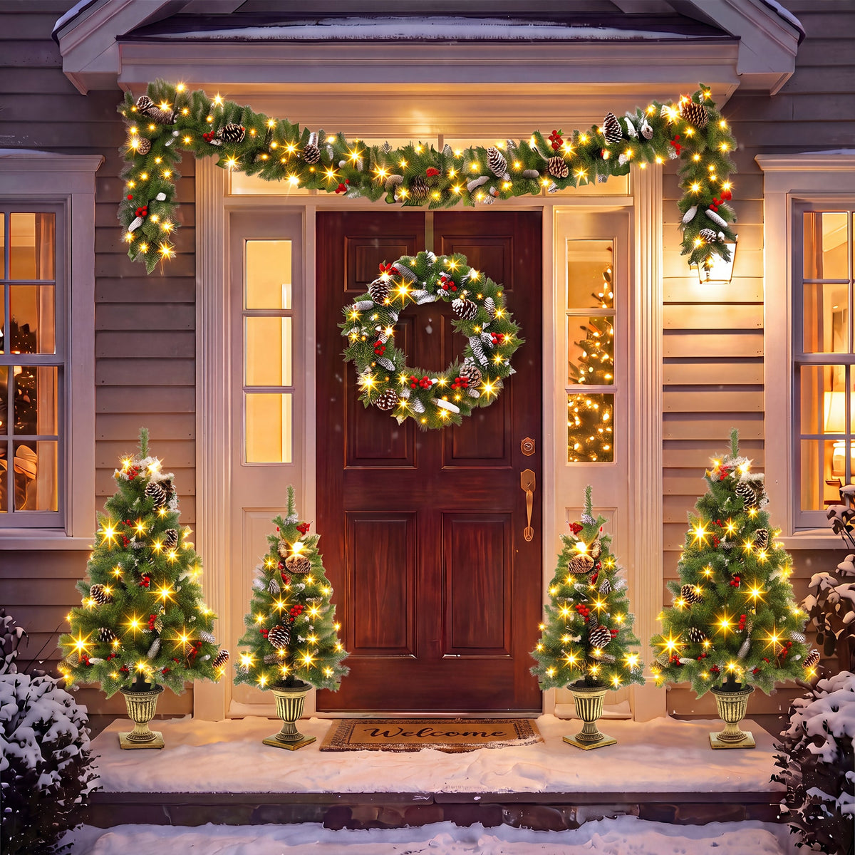 6 – Piece Christmas Tree Set – 4 Trees, Wreath, and Garland