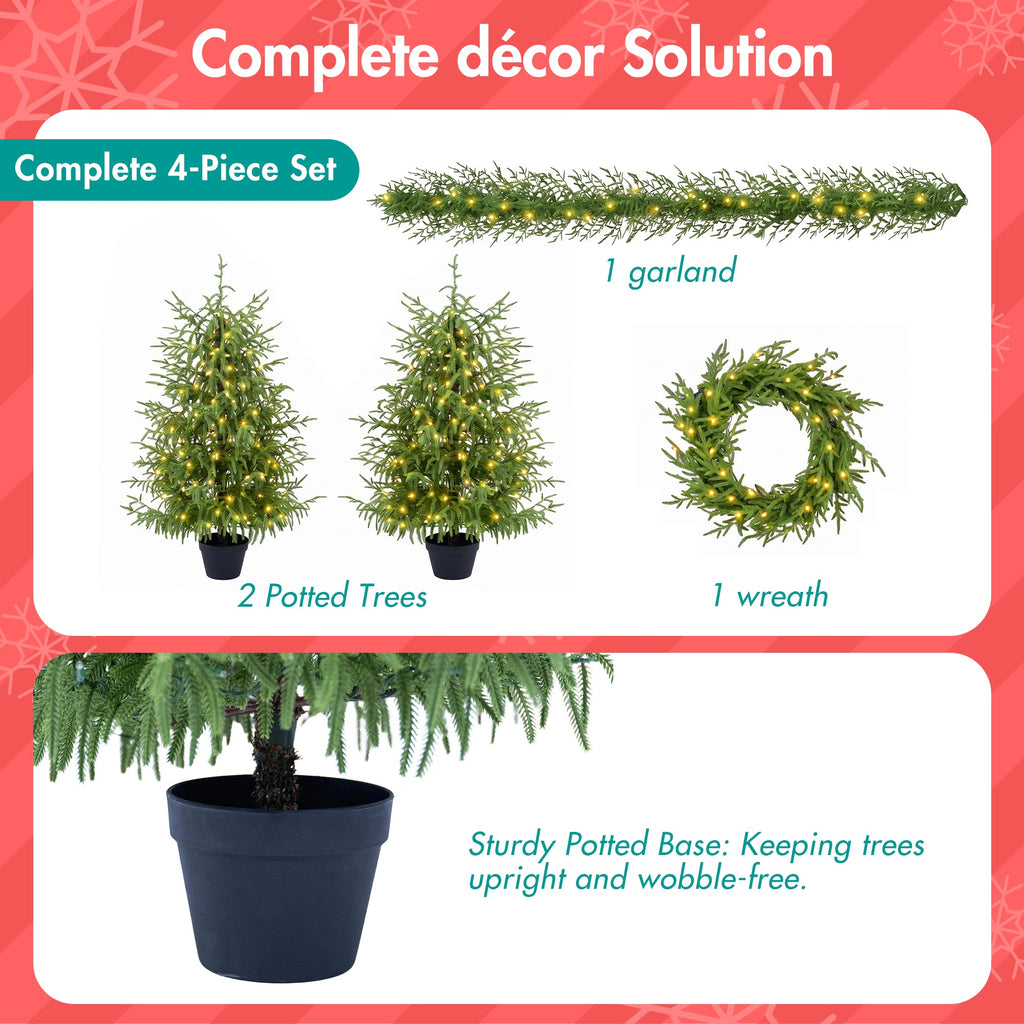 4 – Piece Christmas Tree Set – 2 Trees, Wreath, and Garland