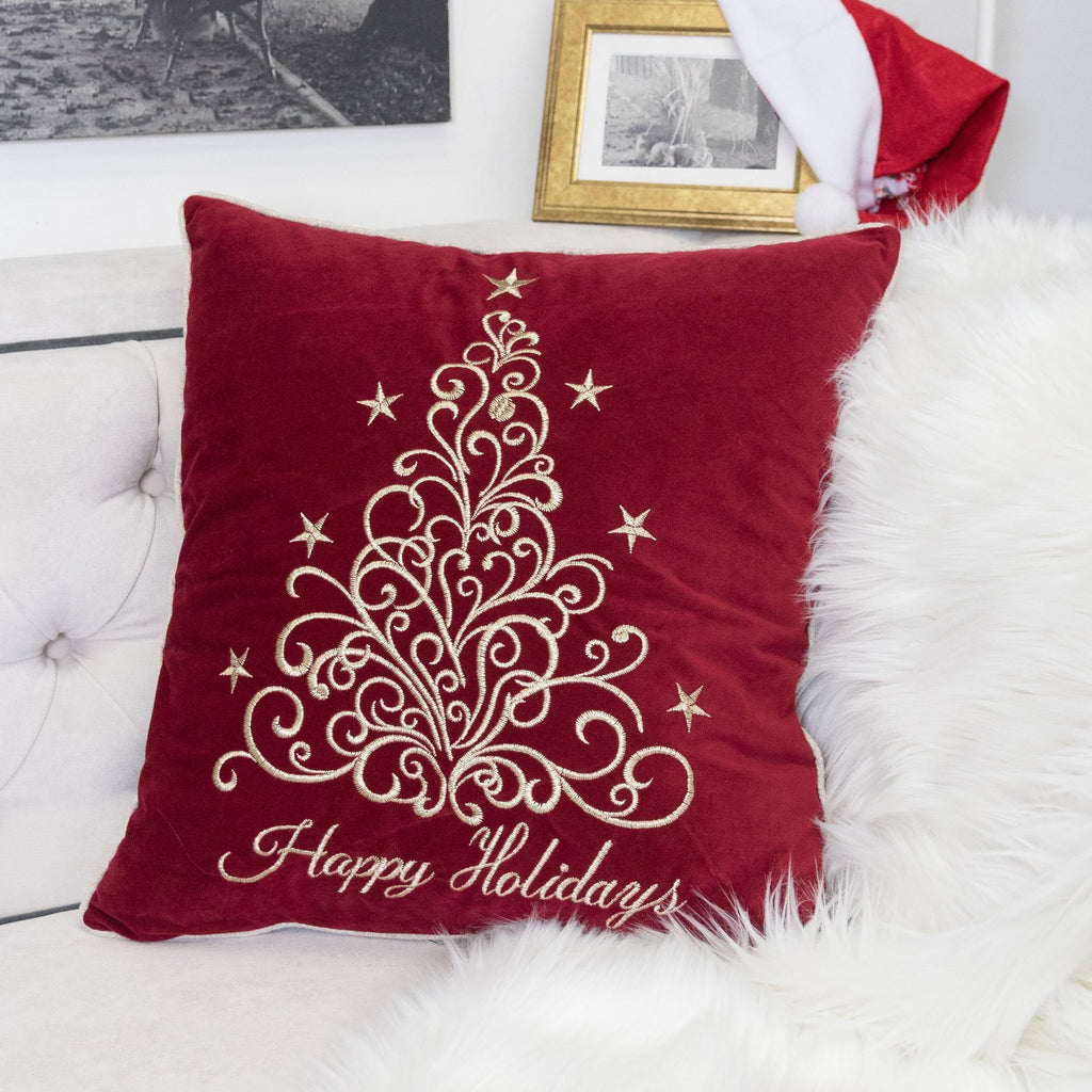 Happy Holidays Embroidered Velvet Throw Pillow