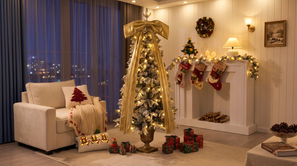 6FT Pre – Lit Flocked Christmas Tree with Real Pine Cones
