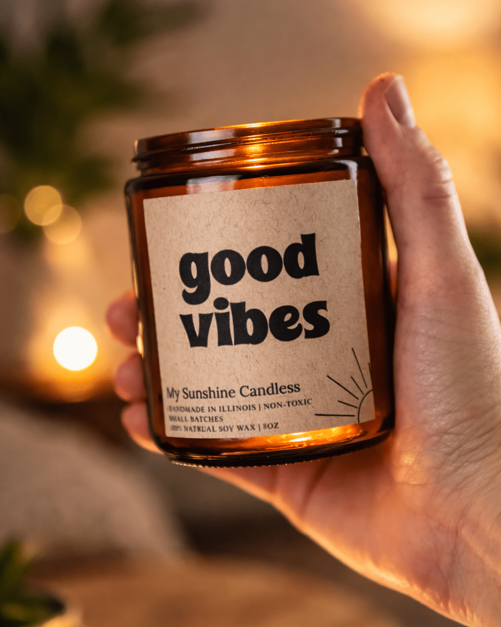 Good Vibes Amber Jar Candle 8 oz – Soy Wax Candle, Clean Burning, Non – Toxic, Handmade