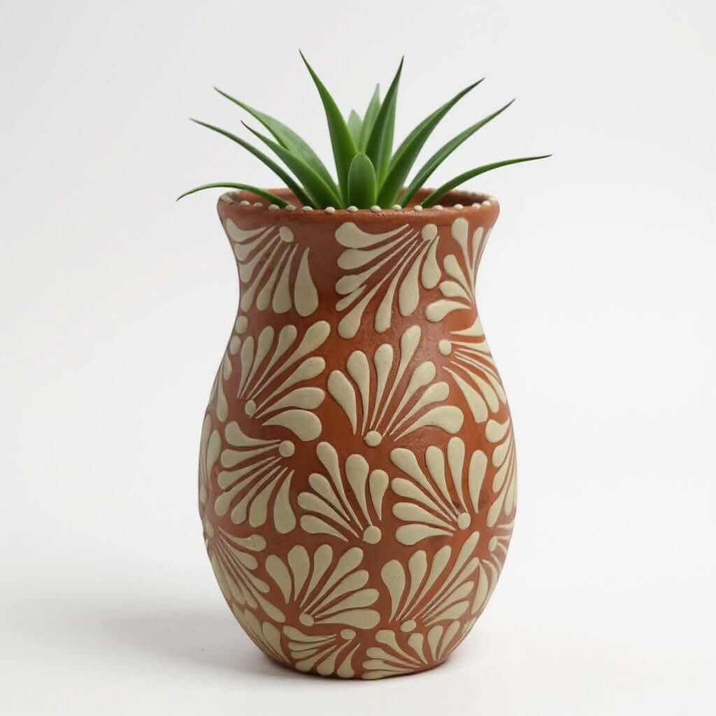 Brown & White Talavera Relief Vase | Hand – Painted Pottery