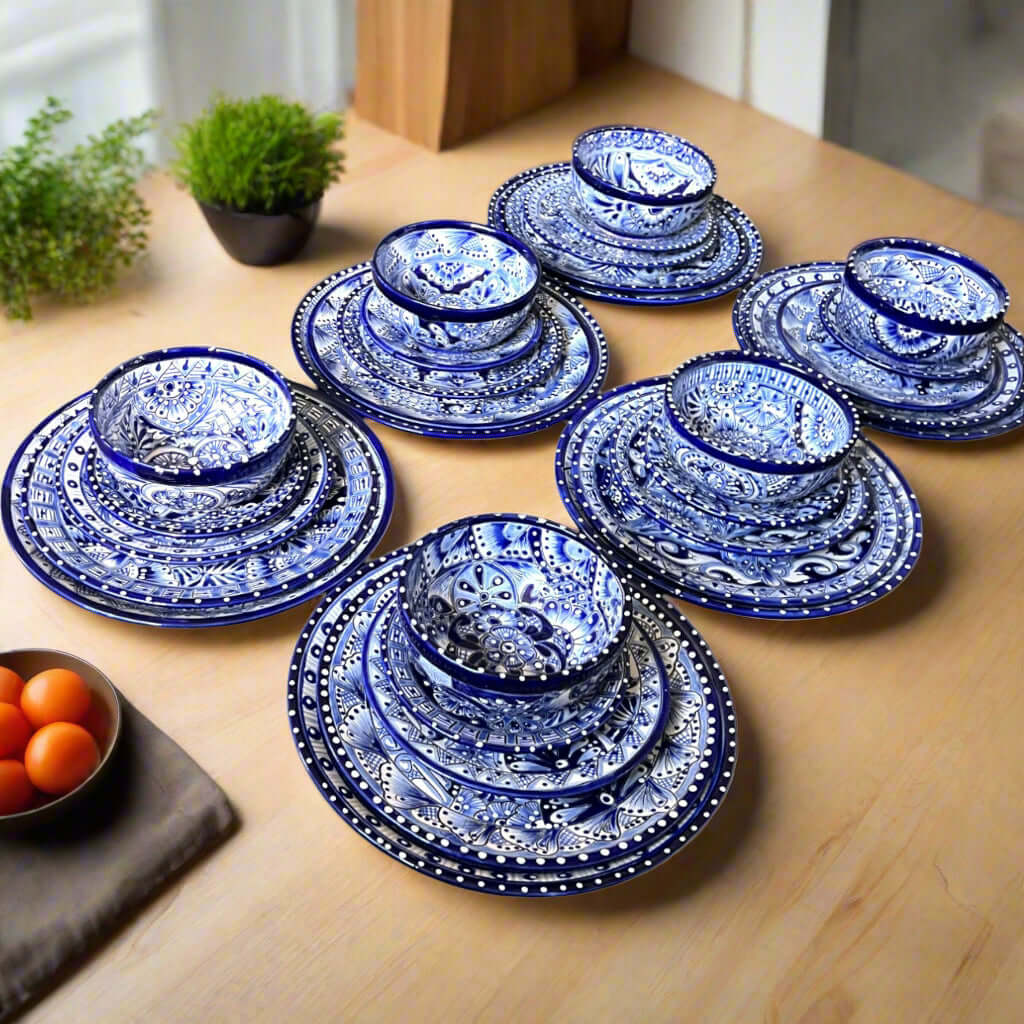 30 – Piece Talavera Dinnerware Set | Blue & White Tableware for 6