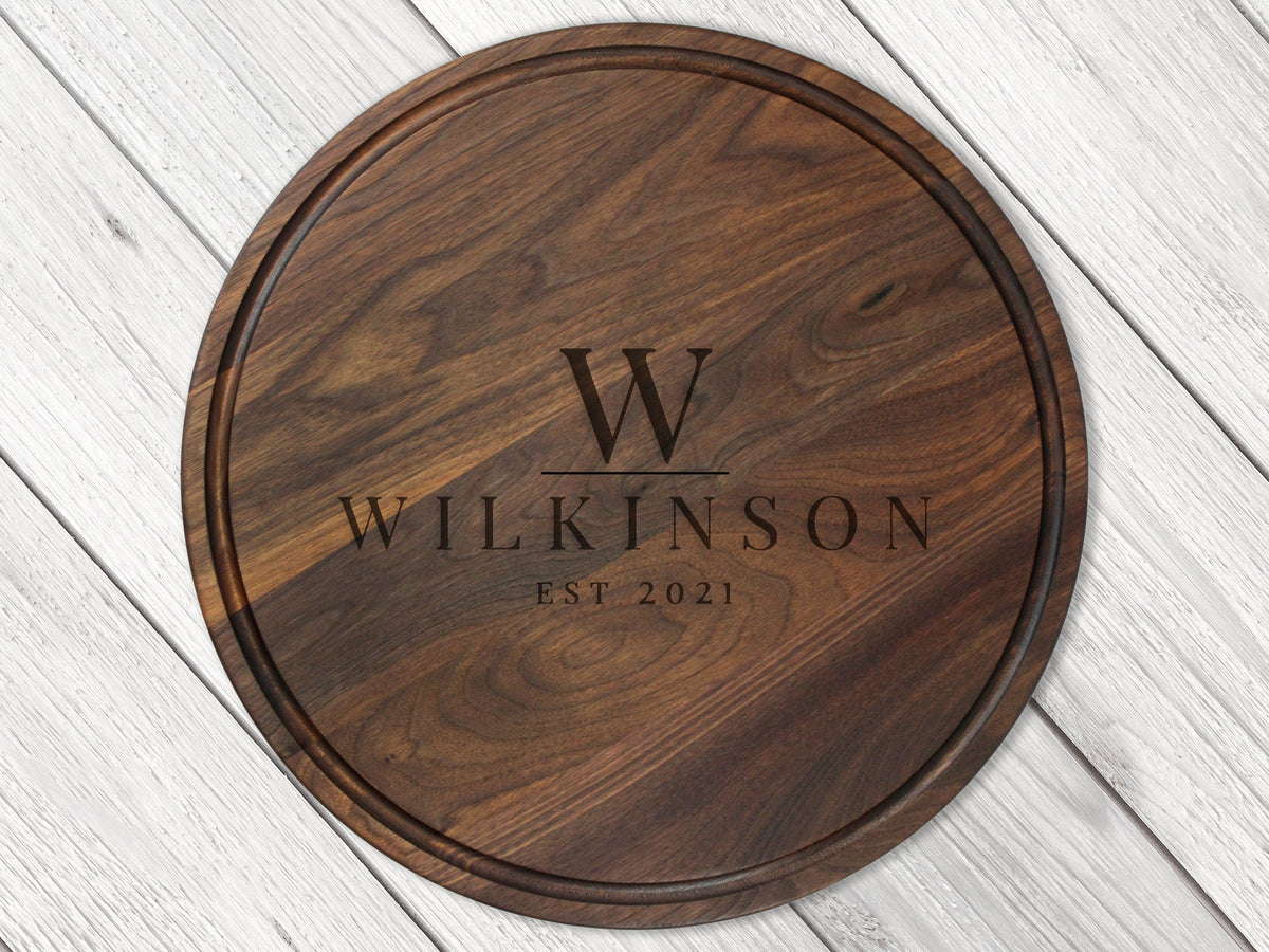 18" Walnut Personalized Round Board with Juice Groove, 18” Round Personalized Charcuterie Board, Wedding Gift, Gift For