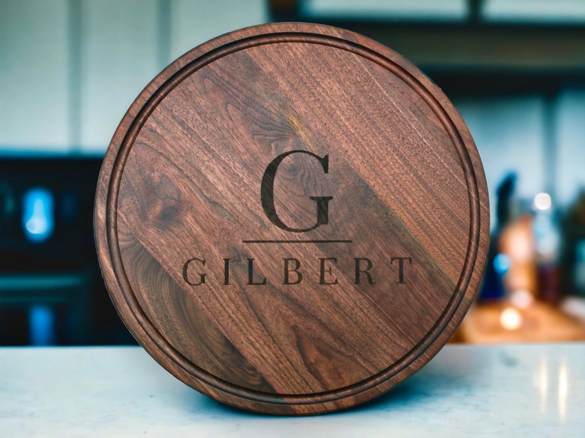 18" Walnut Personalized Round Board with Juice Groove, 18” Round Personalized Charcuterie Board, Wedding Gift, Gift For